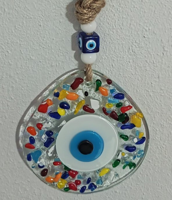 Gökkuşağı Renklerinde Nazar Boncuklu Damla Model Şeffaf Cam Duvar Süsü - Resim 3