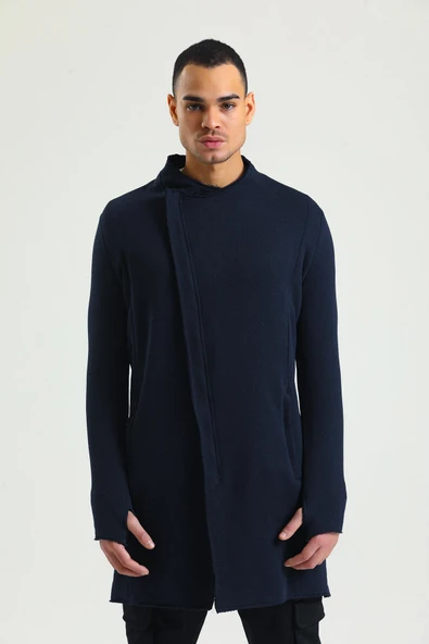 Erkek Fermuarlı Cepli Dik Yaka Triko Uzun Salaş Spor Hırka