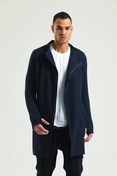 Erkek Fermuarlı Cepli Dik Yaka Triko Uzun Salaş Spor Hırka - 9