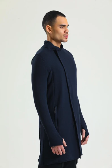 Erkek Fermuarlı Cepli Dik Yaka Triko Uzun Salaş Spor Hırka - 11