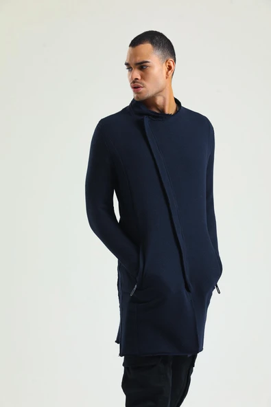 Erkek Fermuarlı Cepli Dik Yaka Triko Uzun Salaş Spor Hırka - 8