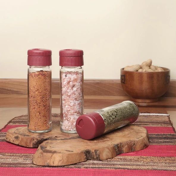 Pine 3lü Baharat Takımı Bordo Kapaklı Cam Baharatlık - 10