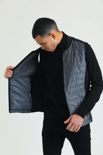 Erkek Regular Fit Bomber Yaka Cepli Kapitone Scuba Kumaş Fermuar Detaylı İnce Yelek - 6