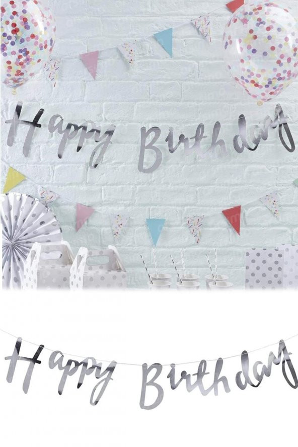 Happy Birthday Flamalı Banner Gümüş | Kaligrafi Banner Happy Birthday Gümüş