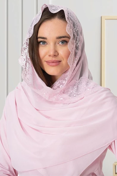 Mecit 0030 Bayan Taşlı Dantelli Şifon Şal Pembe - 5