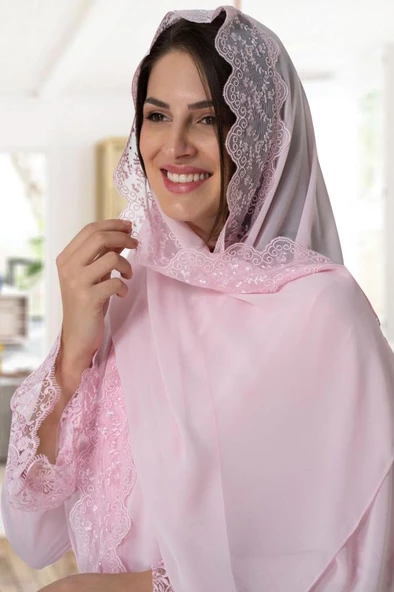 Mecit 0030 Bayan Taşlı Dantelli Şifon Şal Pembe