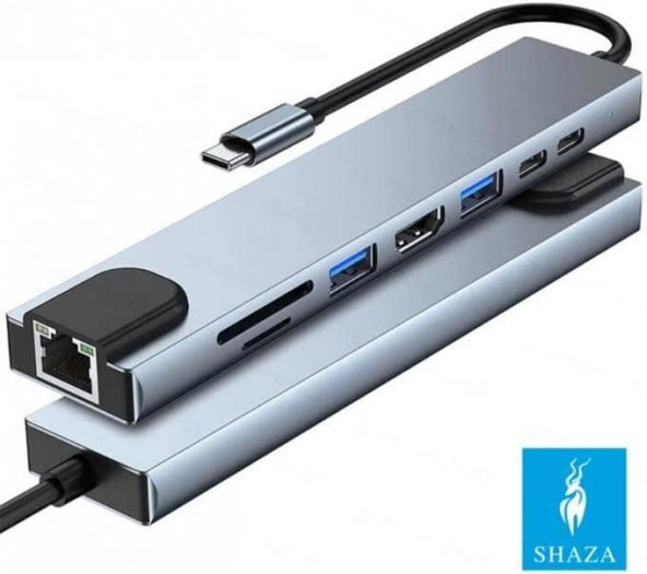 Shaza 8in1 USB Type-C Hub Port Adaptör HDMI USB Ethernet PD Girişli, Gri - 2