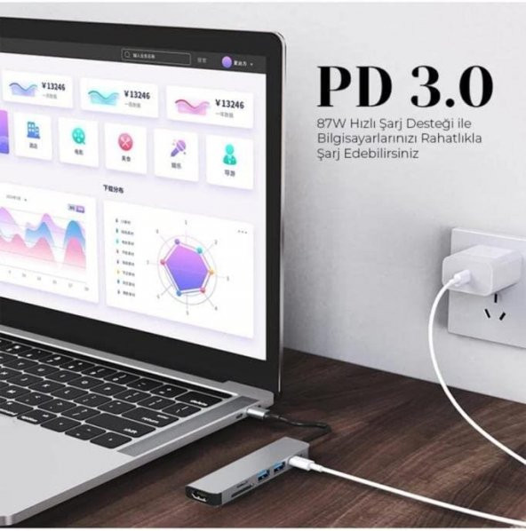Shaza 8in1 USB Type-C Hub Port Adaptör HDMI USB Ethernet PD Girişli, Gri - 4