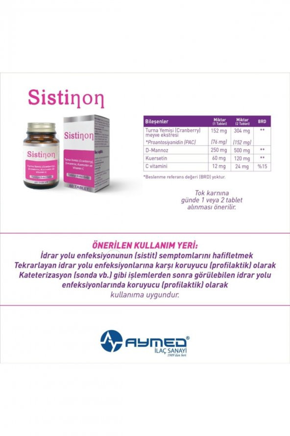 Aymed Sistinon-Takviye Edici Gıda-Idrar Yolu Enfeksiyonu Için Destekleyici Gıda Takviyesi - 2