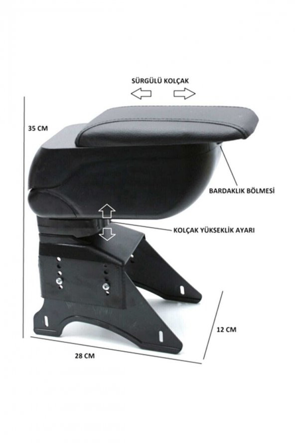 Her Araca Uygun Bardaklı Kol Dayama Sürgülü Geniş Siyah