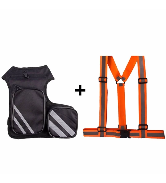 Bel Bacak Motorcu Çantası + Reflektörlü İkaz Yeleği