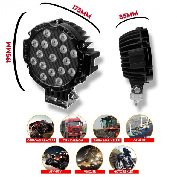 POINT MARKETING 7 Inc 17 Led Yuvarlak Offroad Lamba Siyah kasa 51w Beyaz - 3