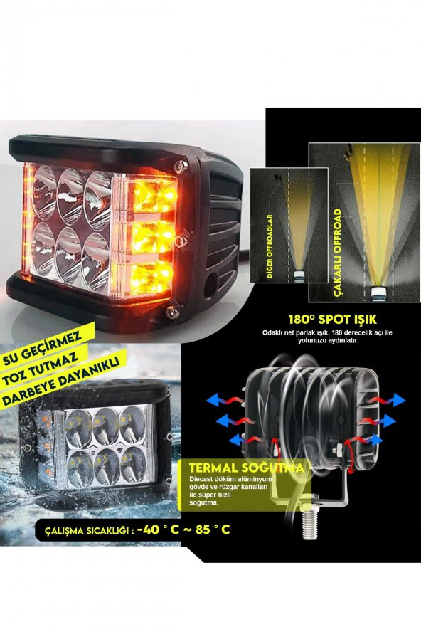 POINT MARKETING Off Road 45w 12 Led 10cm Beyaz- Turuncu Kare Sis Farı Çalışma Lambası