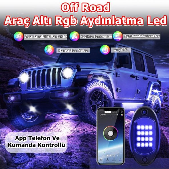 POINT MARKETING Off Road Araç Altı Rgb Led Aydınlatma Led 4lü Set App Telefon Ve Kumanda Kontrollü
