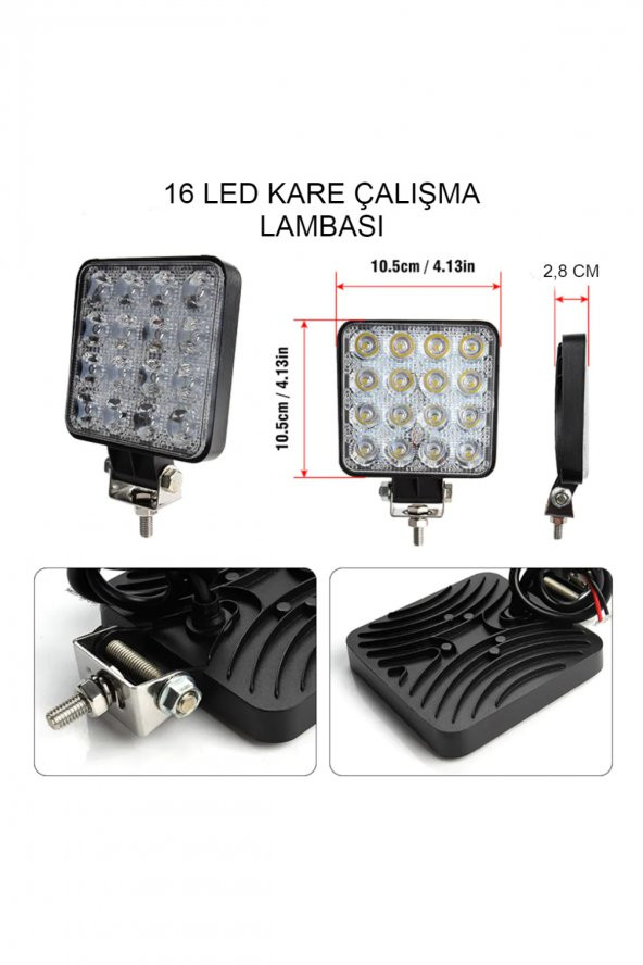 2 Adet 16 Led Off Road Kare Çalışma Lambası Sis Lambası Projektör Gündüz Farı 48 Watt - 2