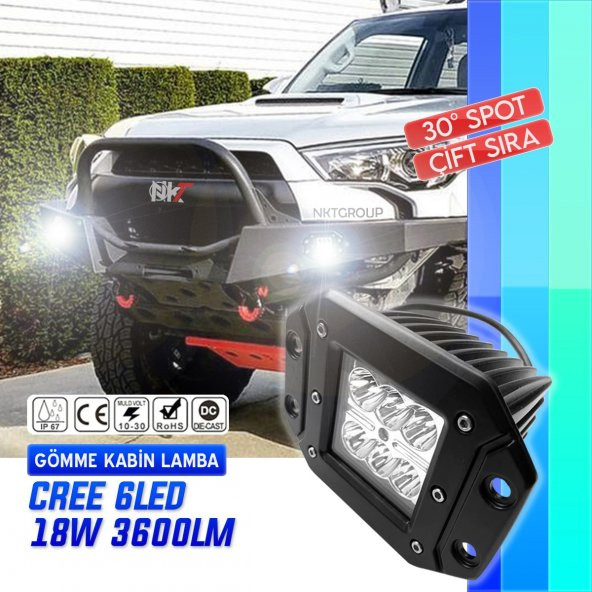 6 Led 18 W Beyaz Gömme Kabin Lambası Off Road Çalışma Sis Lambası