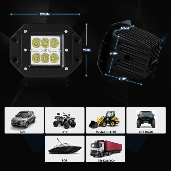 6 Led 18 W Beyaz Gömme Kabin Lambası Off Road Çalışma Sis Lambası - 3