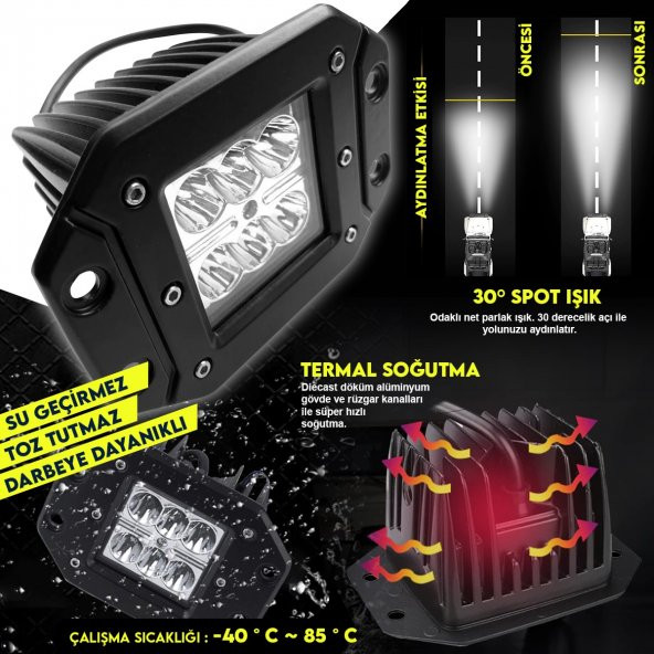 6 Led 18 W Beyaz Gömme Kabin Lambası Off Road Çalışma Sis Lambası - 4