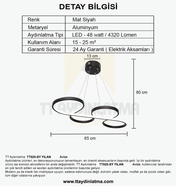 TT Aydınlatma TT025-SY  Yılan Modeli Mat Siyah Led Avize - 4