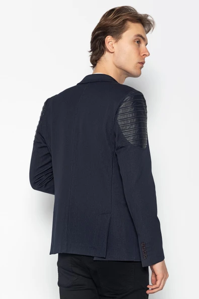 CEKMON Erkek Slim Fit Omuzları Deri Detaylı Fermuarlı Cepli Blazer Klasik Ceket - 11