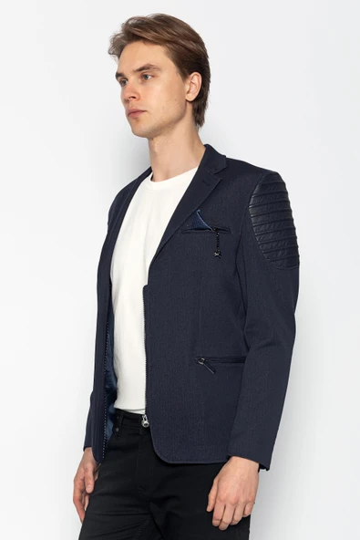 CEKMON Erkek Slim Fit Omuzları Deri Detaylı Fermuarlı Cepli Blazer Klasik Ceket - 10