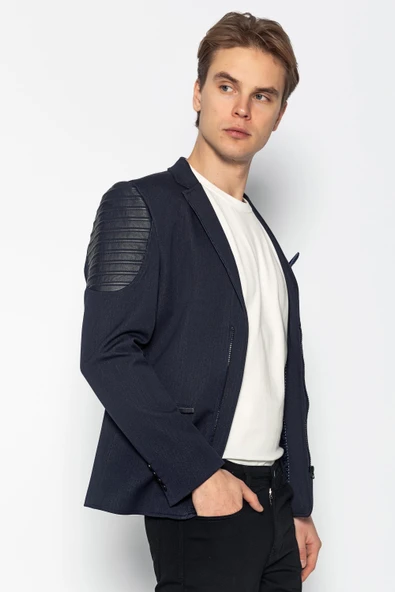 CEKMON Erkek Slim Fit Omuzları Deri Detaylı Fermuarlı Cepli Blazer Klasik Ceket - 7