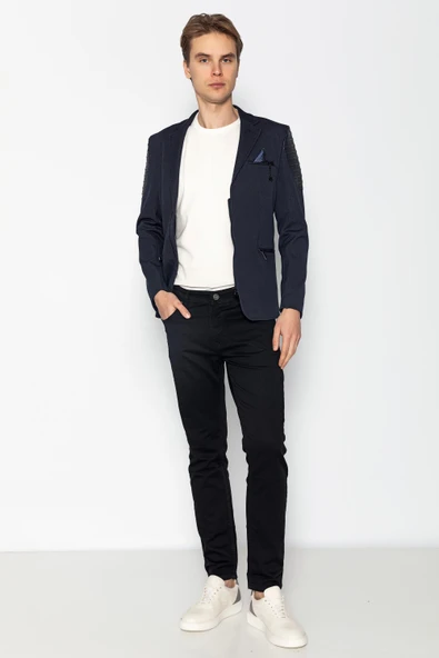 CEKMON Erkek Slim Fit Omuzları Deri Detaylı Fermuarlı Cepli Blazer Klasik Ceket - 8