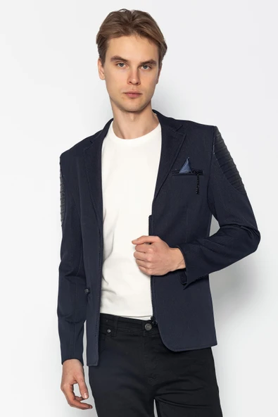 CEKMON Erkek Slim Fit Omuzları Deri Detaylı Fermuarlı Cepli Blazer Klasik Ceket - 9