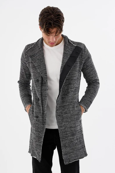 Erkek Dik Yaka Gizli Düğmeli Cepli Uzun Triko Salaş Spor Hırka - 3