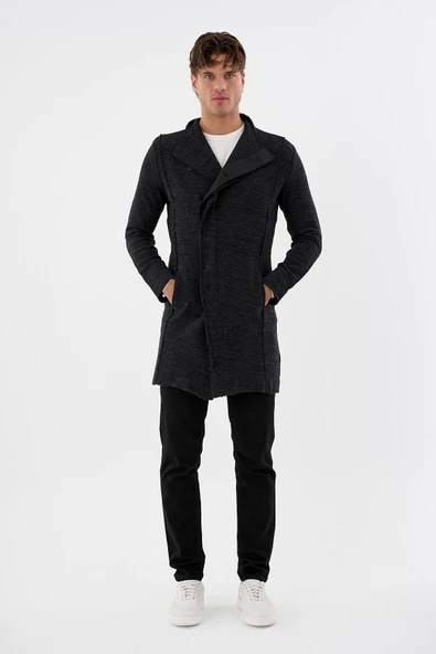 Erkek Dik Yaka Gizli Düğmeli Cepli Uzun Triko Salaş Spor Hırka - 12