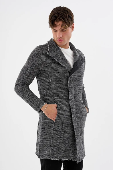 Erkek Dik Yaka Gizli Düğmeli Cepli Uzun Triko Salaş Spor Hırka - 6