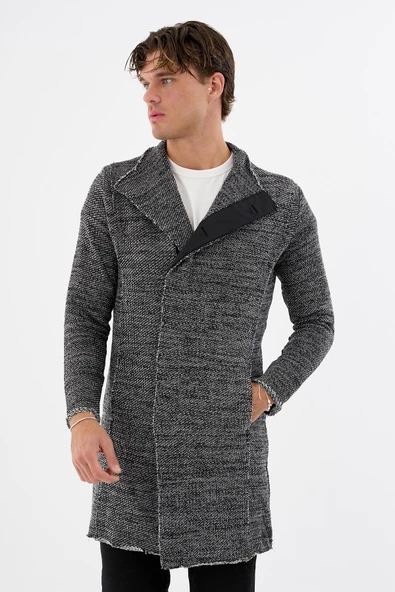 Erkek Dik Yaka Gizli Düğmeli Cepli Uzun Triko Salaş Spor Hırka