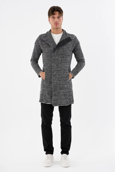 Erkek Dik Yaka Gizli Düğmeli Cepli Uzun Triko Salaş Spor Hırka - 4