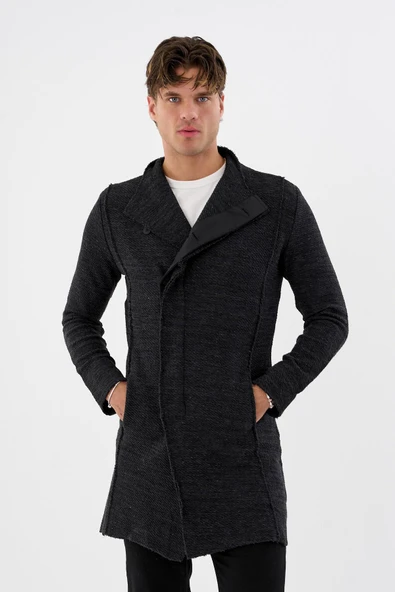 Erkek Dik Yaka Gizli Düğmeli Cepli Uzun Triko Salaş Spor Hırka - 8