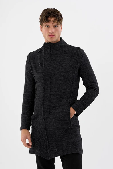 Erkek Dik Yaka Gizli Düğmeli Cepli Uzun Triko Salaş Spor Hırka - 10