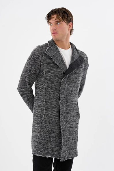 Erkek Dik Yaka Gizli Düğmeli Cepli Uzun Triko Salaş Spor Hırka - 5