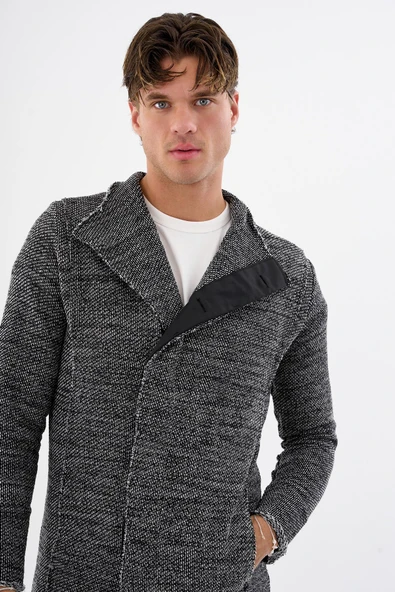 Erkek Dik Yaka Gizli Düğmeli Cepli Uzun Triko Salaş Spor Hırka - 7