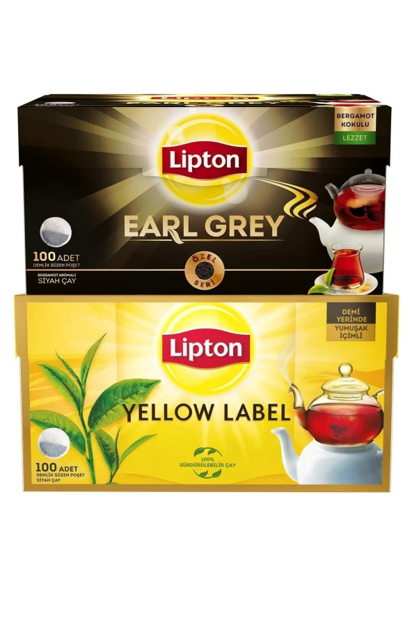 Lipton Yellow Label Demlik Poşet Çay 100lü + Earl Demlik Poşet Çay 100lü