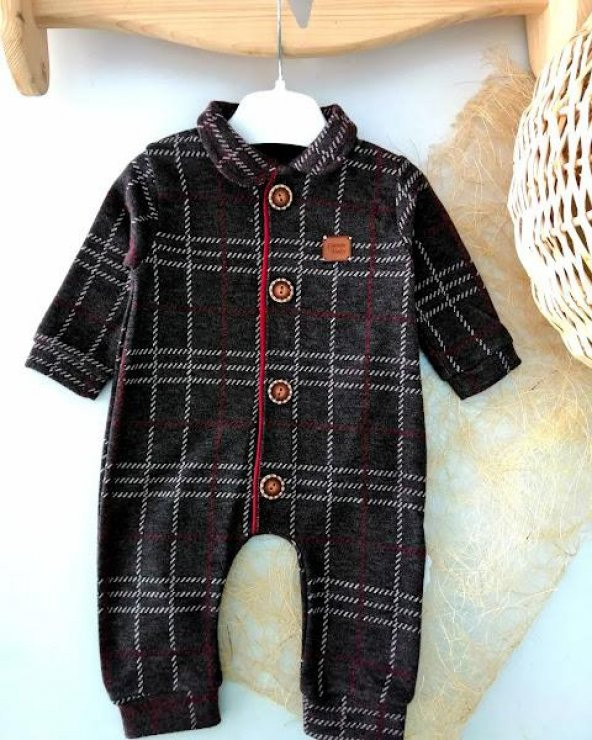 Erkek Bebek Ahşap Düğmeli Bebe Yaka Ekose Kışlık Tulum Bordo