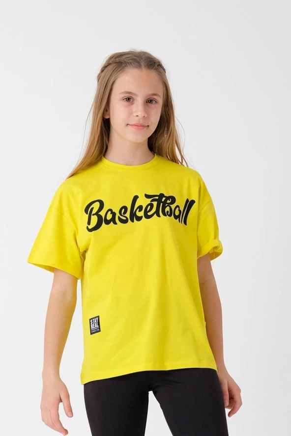Sarı Kız Çocuk Basketbol Baskılı T-shirt Hn46