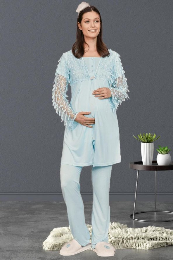 By Mecit 5201 Yaprak Tül Sabahlıklı Lohusa Pijama Takımı - 5