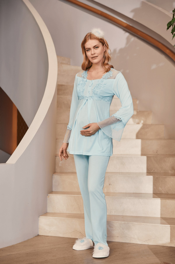 By Mecit 5202 Turkuaz Uzun Sabahlıklı Lohusa Pijama Takımı - 4