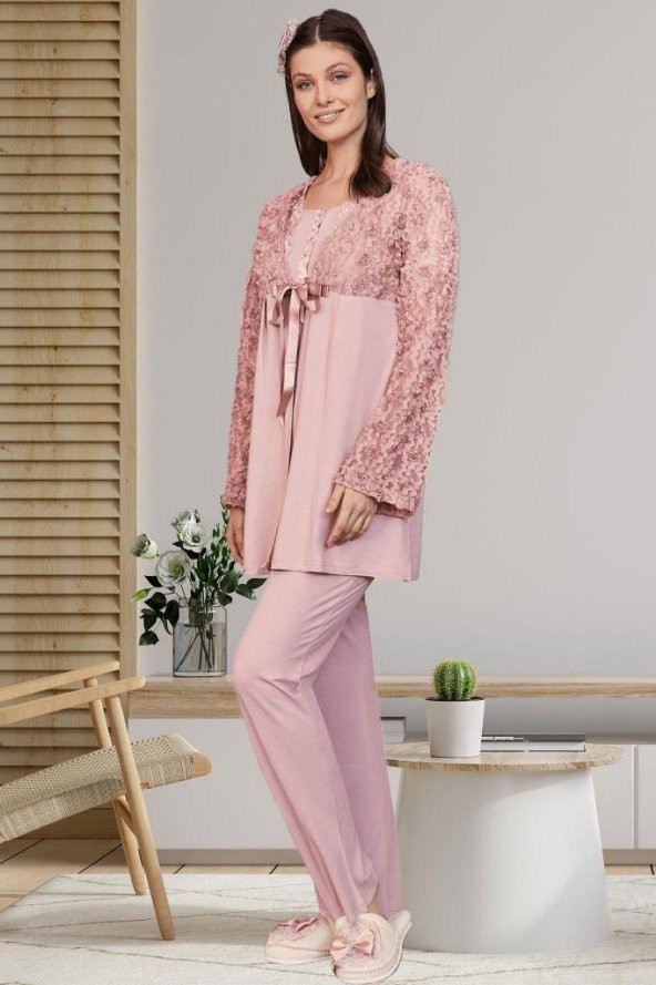 By Mecit 5206 Pudra Güllü Tüllü Sabahlıklı Lohusa Pijama Takımı - 5