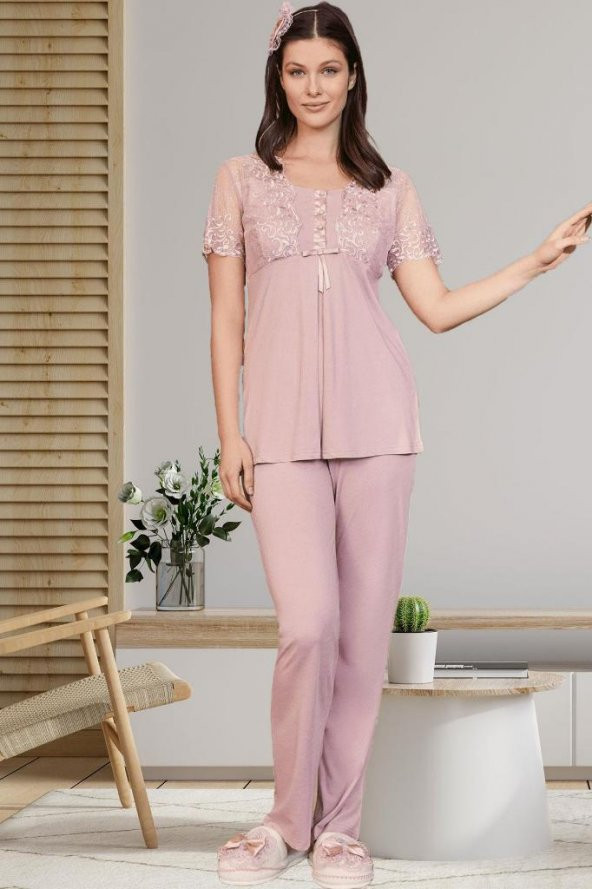 By Mecit 5206 Pudra Güllü Tüllü Sabahlıklı Lohusa Pijama Takımı - 6