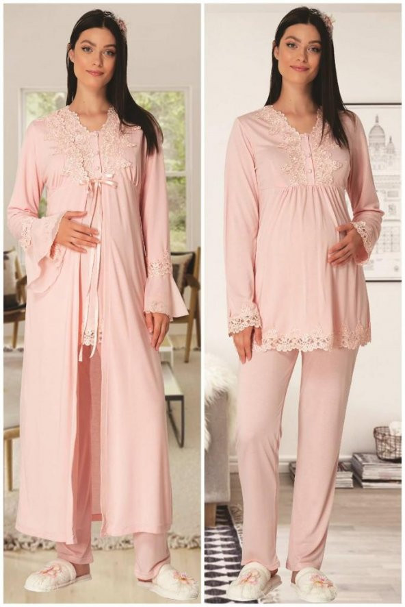 Carpediem L.R. 1517 Pudra Sabahlıklı Hamile Lohusa Pijama Takımı