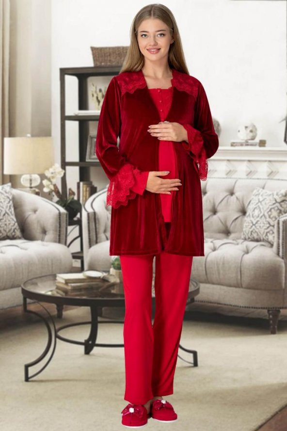 Mecit 5306 Kırmızı Kadife Sabahlıklı Lohusa Pijama Takımı