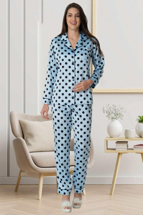 Carpediem 1550 Puantiyeli Mavi Saten Lohusa Pijama Takımı
