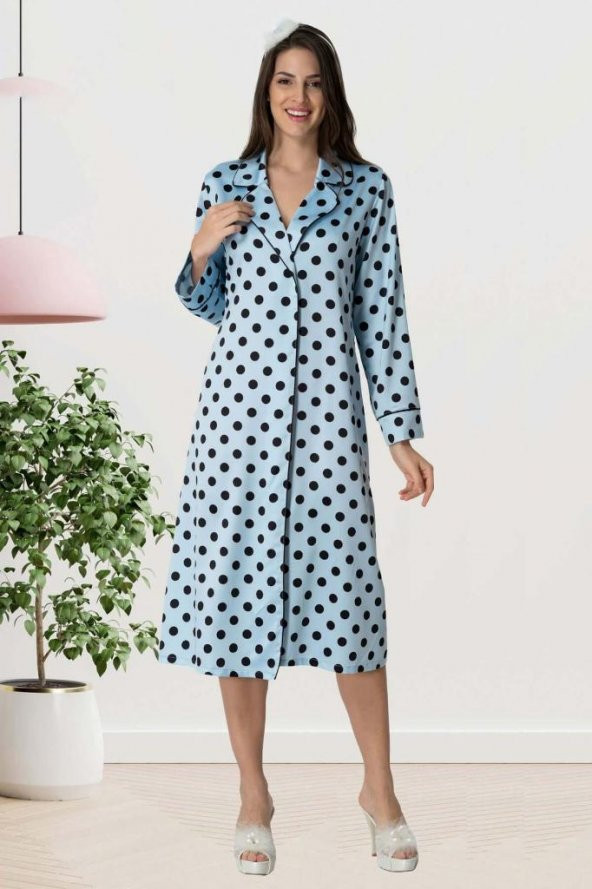 Carpediem 1552 Puantiyeli Saten Mavi Sabahlıklı Lohusa Pijama Takımı - 3