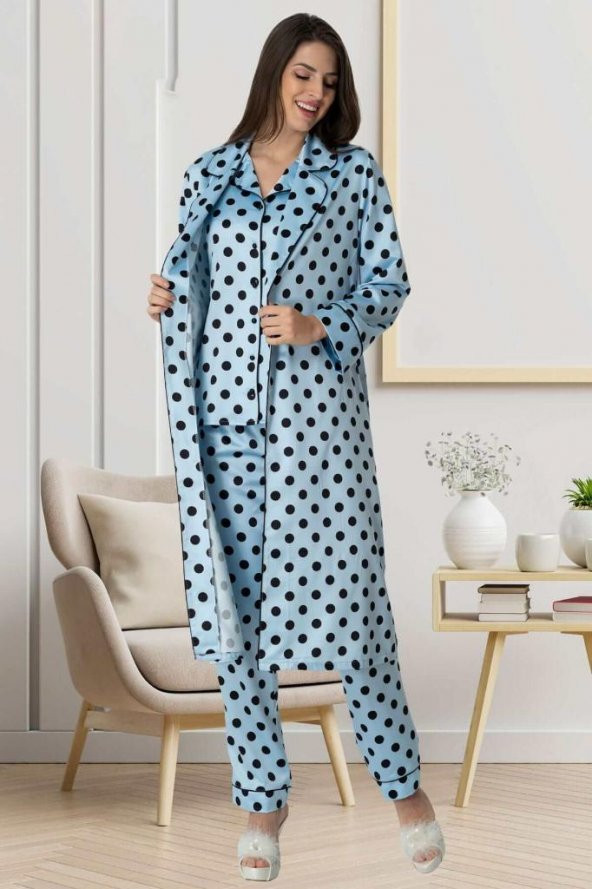 Carpediem 1552 Puantiyeli Saten Mavi Sabahlıklı Lohusa Pijama Takımı - 5