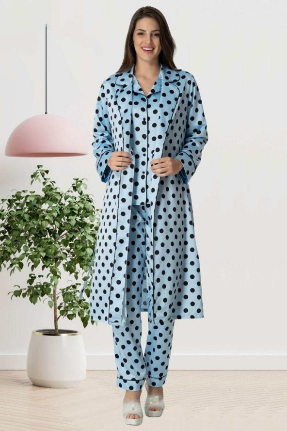 Carpediem 1552 Puantiyeli Saten Mavi Sabahlıklı Lohusa Pijama Takımı - 6